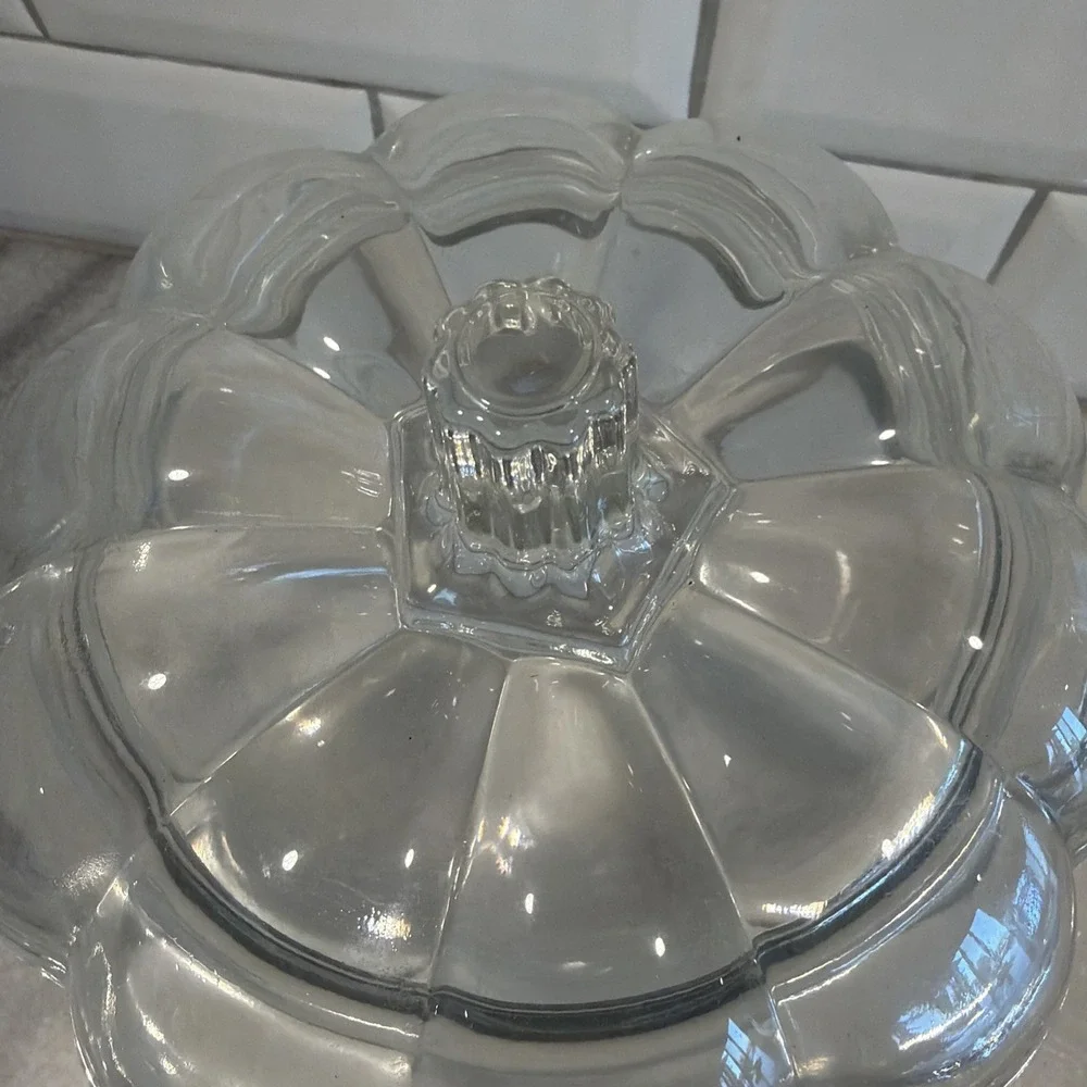 Vintage Anchor Hocking Glass Pumpkin Cookie Jar With Lid Halloween Fall OLA003